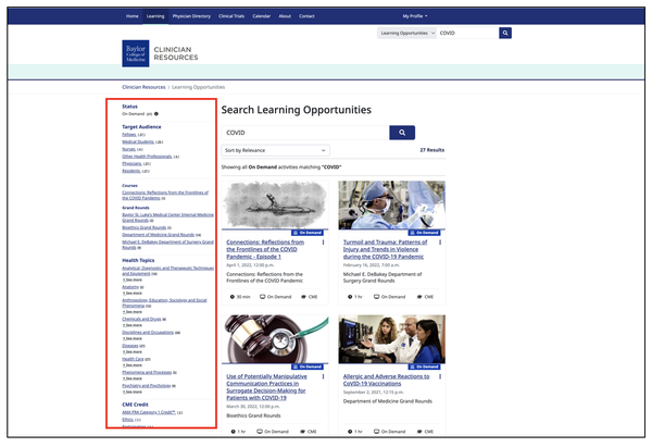 Screenshot of the page where the different learning opportunities are filtered in the central left part of the screen and highlighted with a red line.