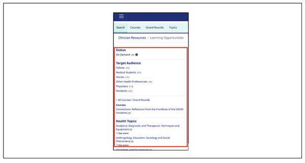 screenshot of the mobile version of BCM Clinician Resources, highlighting with a red line the different search filters