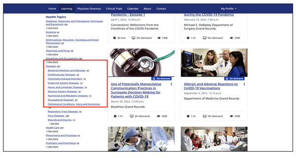 Screenshot showing the different sections of one of the activities highlighted with a red line, in this case the "Diseases" section was expanded and the "Bacterial Infections and Mycoses" filter was selected.