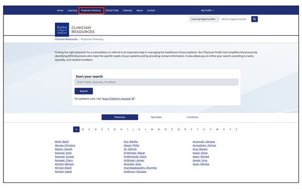 Screenshot where the Physician directory page is highlighted with a red line, and shows the results in alphabetical order of BCM Physicians.