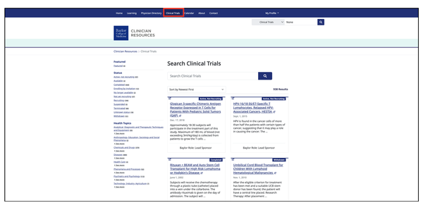 Screenshot where the Clinical trials page is highlighted with a red line, and shows some results sorted by newest first