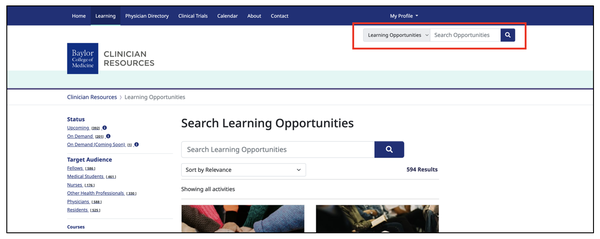 Screenshot of the &#x27;Learning&#x27; page where the search bar at the top right of the page is highlighted with a red line.