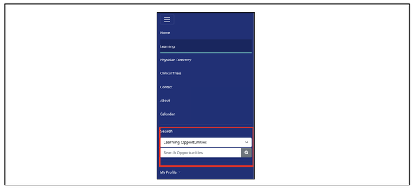 Screenshot of the mobile version of BCM Clinician Resources, where the search bar at the bottom is highlighted with a red line.