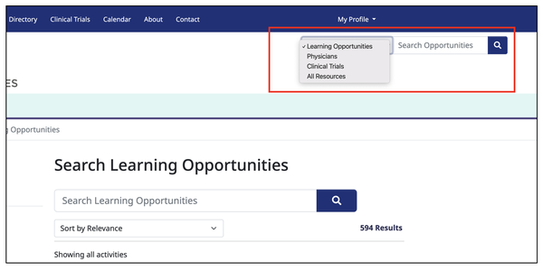 Screenshot of the learning page, where a red line highlights the search bar located at the top of the screen and you can see the different search options (Learning opportunities, Baylor Physicians, Clinical Trials).