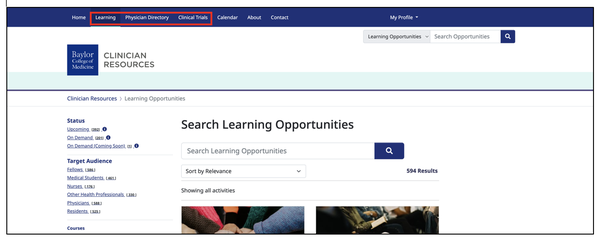 A screenshot highlighting with a red line on the upper left side of the screen the different search options: learning opportunities, Baylor Physicians, Clinical Trials