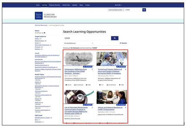 Screenshot of the Learning opportunities page where it is highlighted with a red line the different activities that BCM offers, after typing the word covid in the search bar.