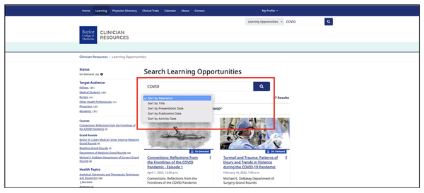 Screenshot showing the search bar and the different choices for the user to have more precise information sort by: relevance, title, date of the presentation, date of the publication and date of the activity.