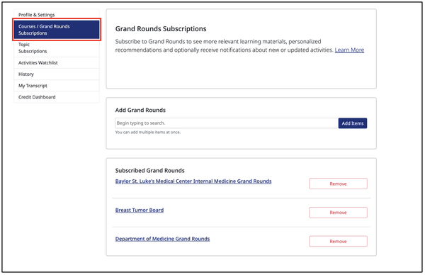 screenshot of Courses/Grand Rounds subscriptions