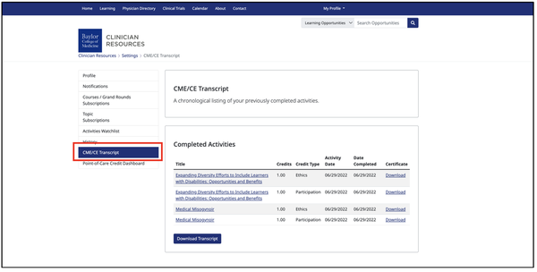 screenshot of CME?CE Transcript