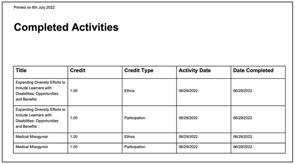 screenshot of CME/CE transcript PDF