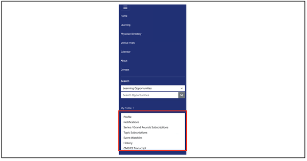 screenshot of the mobile version of BCM Clinician Resources framed with a red line My profile session