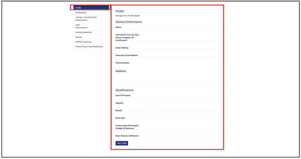 screenshot of the My Profile session, framing with a red line all the details and personal and professional information to be added for registration