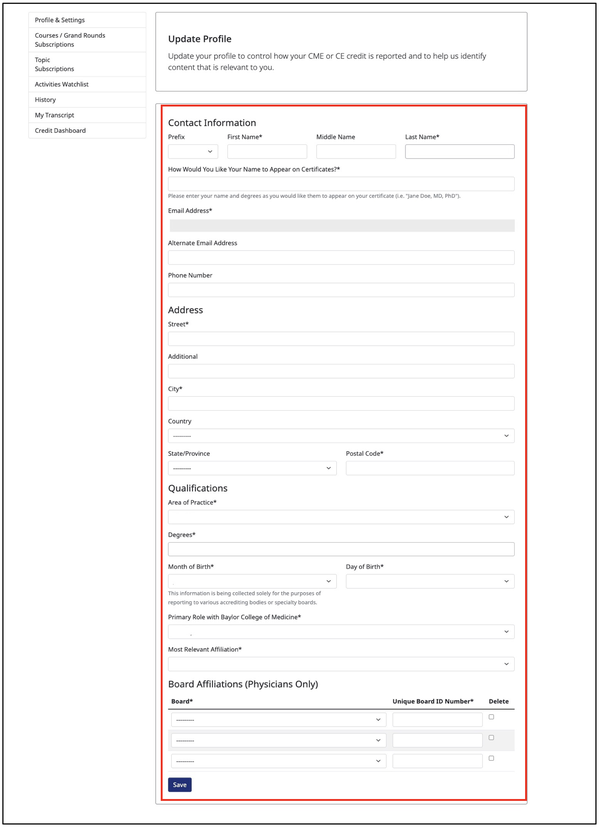 screenshot of the edit My Profile session, framing with a red line the data needed to be changed, deleted or added