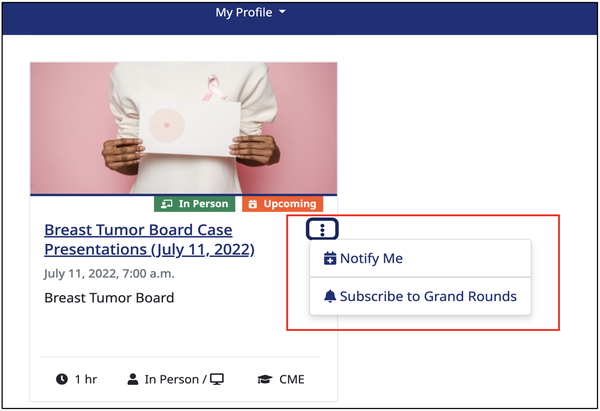 Screenshot of the Breast Tumor Board Case activity, highlighting with a red line at the top right where the notification and subscription buttons are shown.