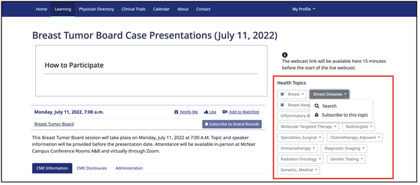 Screenshot of the Breast Tumor Board activity, highlighting with a red line the subscribed health topics and emphasizing the subscribe to this topic button in the breast diseases box.